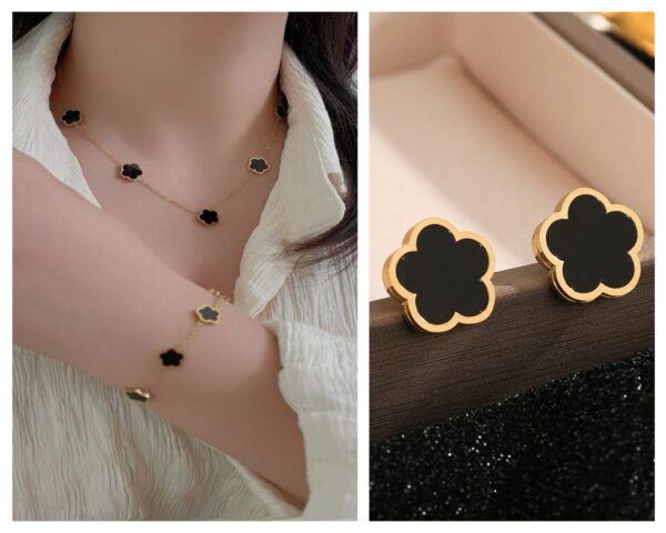 Midnight Clover Elegance Stainless Steel Jewelry Set